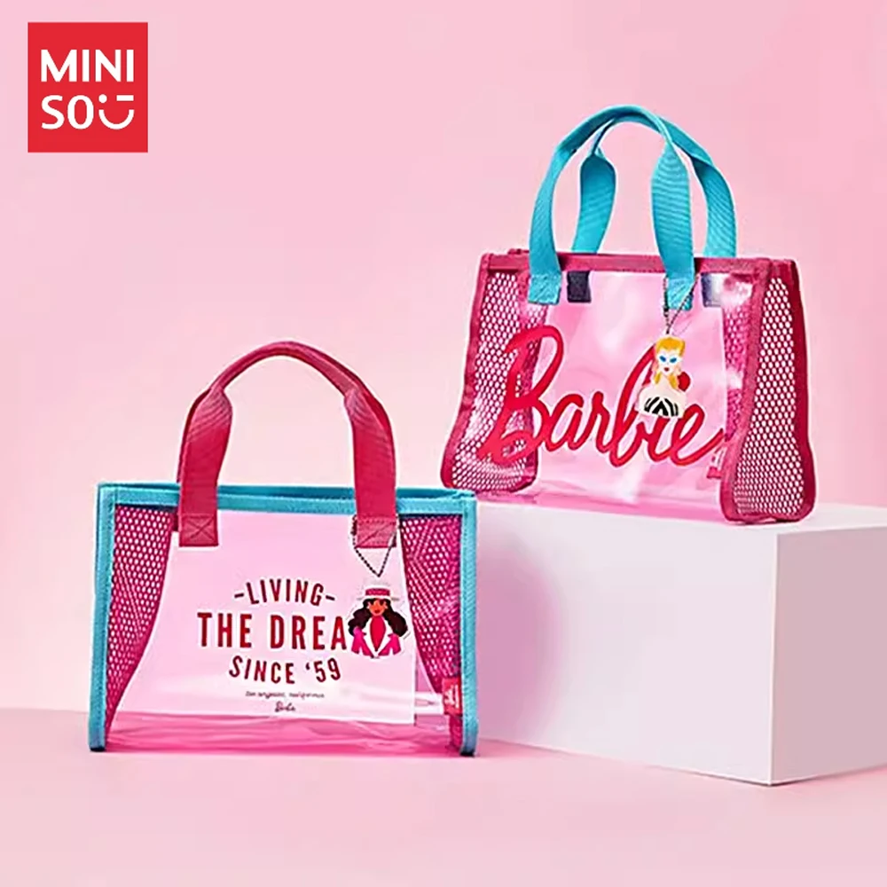 MINISO Barbie Lunch Box Bento Bags Outdoor Portable Waterproof Beach Bag PVC Transparent Storage Handbag Girl Gift 24cm