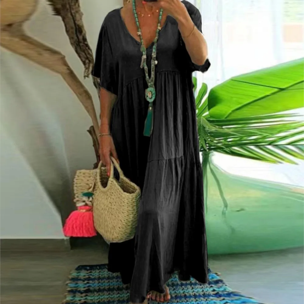 2026 Dresses For Woman New V-neck Long Dress Solid Color Loose Short Sleeves Vestidos Fashion All-match Trendy Robe Temperament
