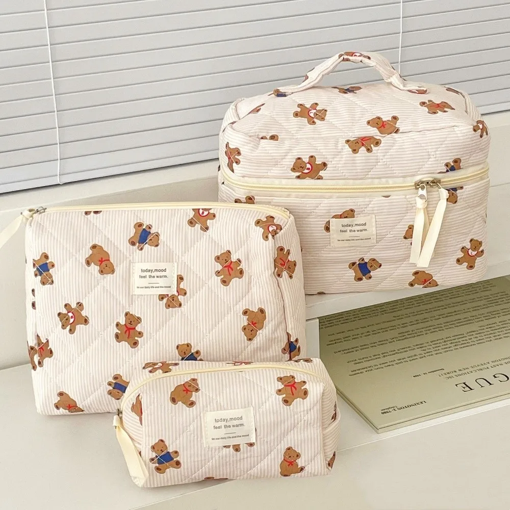 3PCS Multi-Layer Quilted Cotton Makeup Bag Large Capacity Portable Toiletry Pouch Zipper Soft Cartoon Cosmetic Organizer Daily