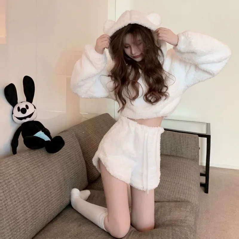 Autumn Winter Women Pajamas 2 Piece Sets Kawaii Shorts Soft Plush Bear Ears Hooded Homewear High Waist Girls Hoodies Clothing