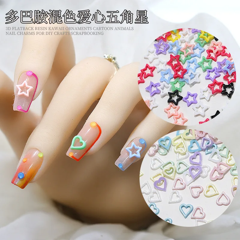 100PCS Mix Colorful Dopamine Hollow Love Heart Pentagram Stars Resin Nail Art Rhinestones Decorations Manicure Ornaments