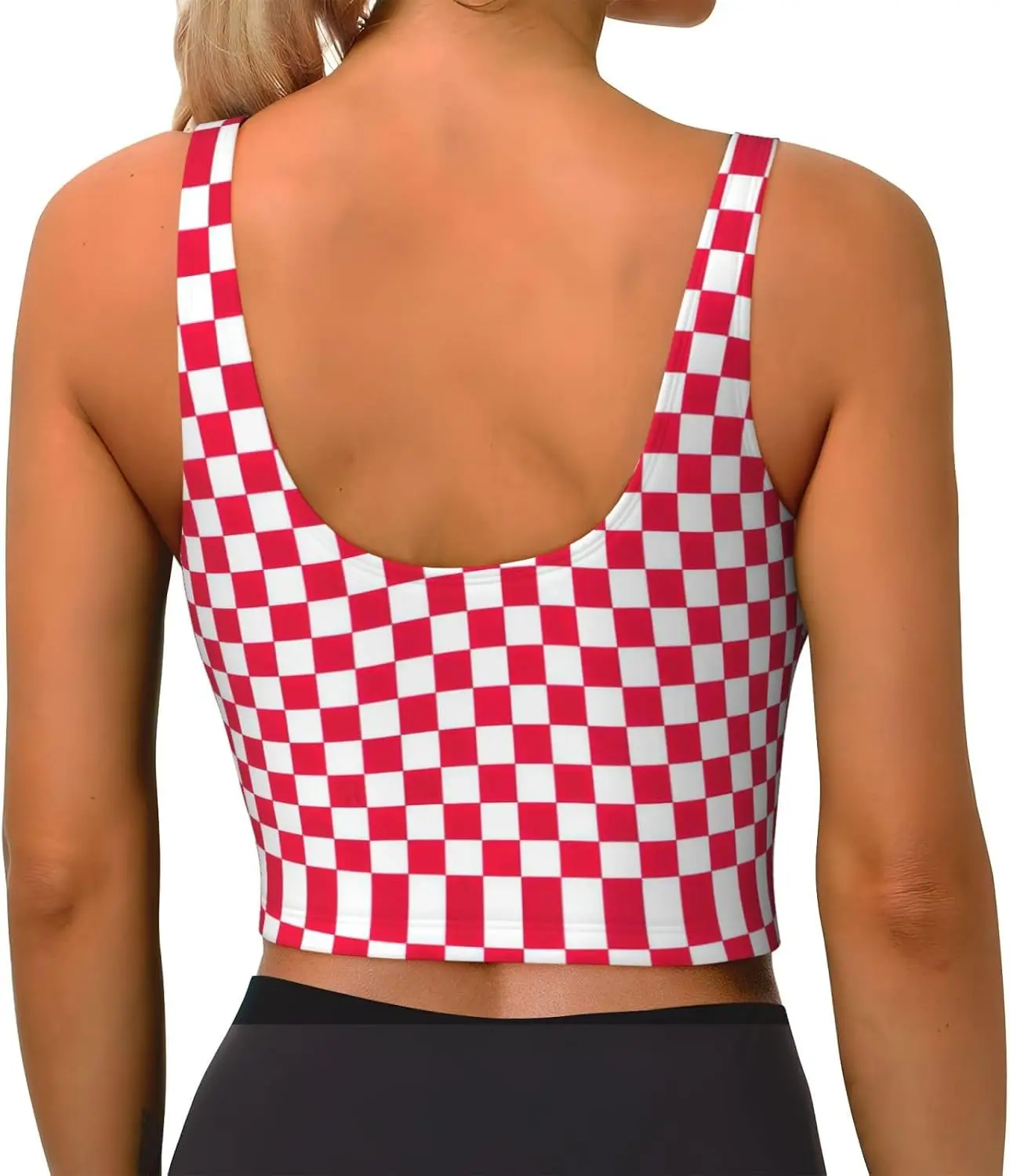Red Checkered White Squares Print Women'S Strappy Sports Bra Stretch Gym Bras U Neck Yoga Tops Comfort Seamless Bra