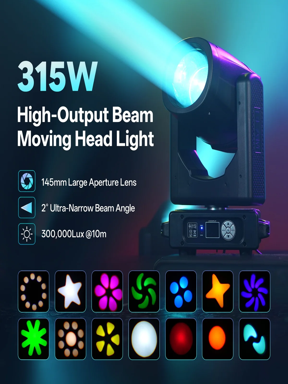 Yiflamefly 315W Hochleistungs-Beam-Moving-Head-Licht mit 15 Farben & 14 Rädern, Dual-Prismen-System, Bühnenlicht, DMX-DJ-Licht für Hochzeiten, Disco-Partys, KTV, Bars