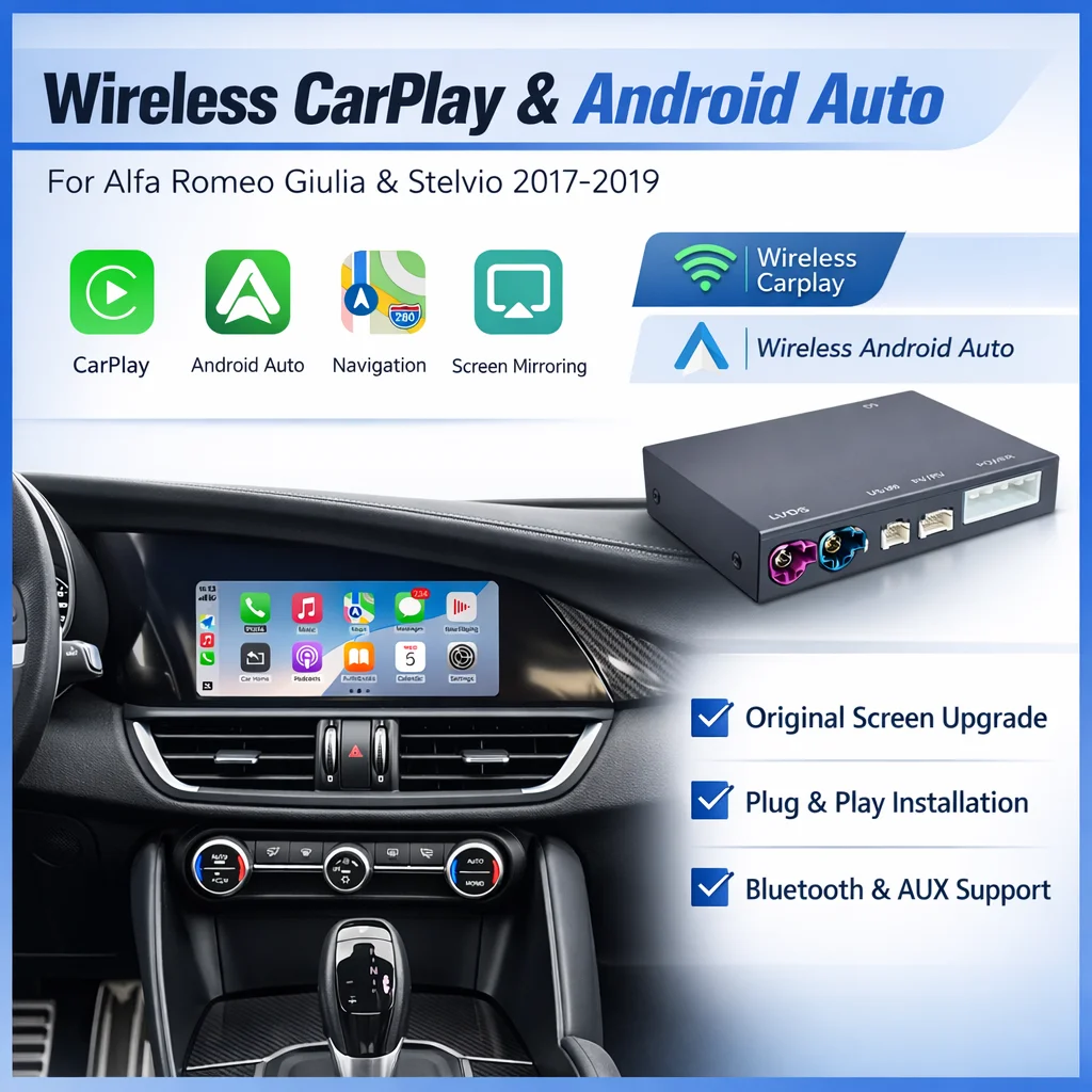 AUTOABC Nuovo Aggiornamento CarPlay Wireless e Android Auto per Alfa Romeo Stelvio / Giulia 2017-2019 con Telecamera Originale e Accessori Airplay