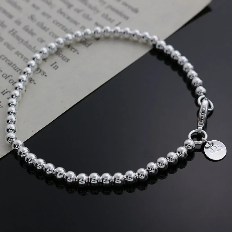 Beautiful Fashion Elegant 925 Sterling Silver 4mm Beads Chain Women Lady Cute Bracelet High Quality Gorgeous Jewelry