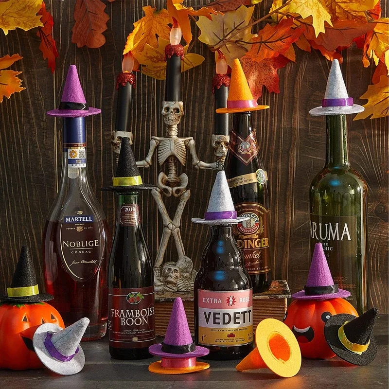 10PCS Mini Felt Witch Hats and Mini Witch Broom Halloween Decorations Wine Bottle Topper DIY Crafts Cosplay Party Supplies
