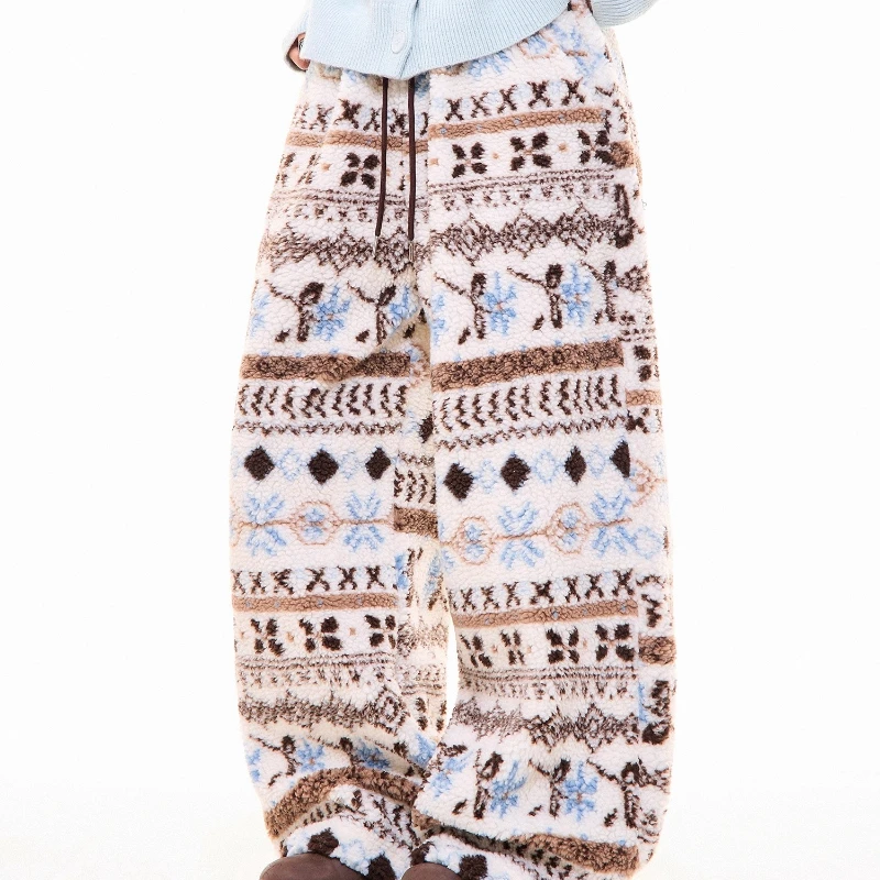 Christmas Lamb Wool Wide-Leg Women's Trousers 2025 Winter New Versatile Loose Y2k Thickened Warm Straight-Leg Sweatpants Ladies