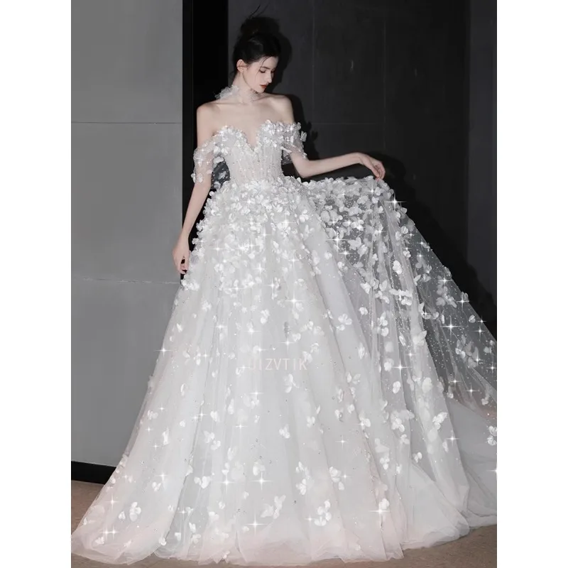 Light Luxury Off the Shoulder Wedding Dresses Handwork Flowers Photos Shoot Dress Simple Korea Corset Back A-Line Bridal Gowns