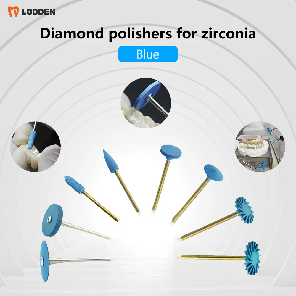 LODDEN Dental Rubber Polishing Tools Blue Medium Diamond Polishers for Zirconia D1M D203M Dentistry Lab Grinding Ceramics Stones