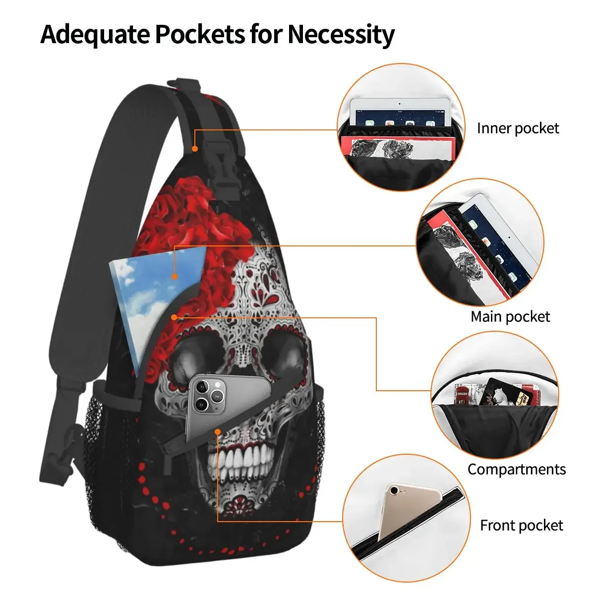 Sugar Skull Black Lace And Rose Crossbody Sling Bag Cool Chest Bag Shoulder Backpack Daypack for Hiking Outdoor Sports Bookbag