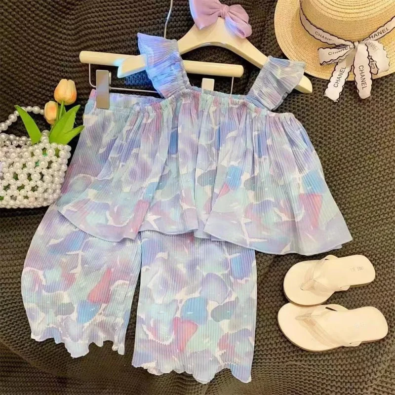 Girls' Suit New Cartoon Graffiti Elastic Lace Flounced Sleeve Sleeveless Doll Shirt Trousers Two-Piece Set2024Summer Clothing-WS