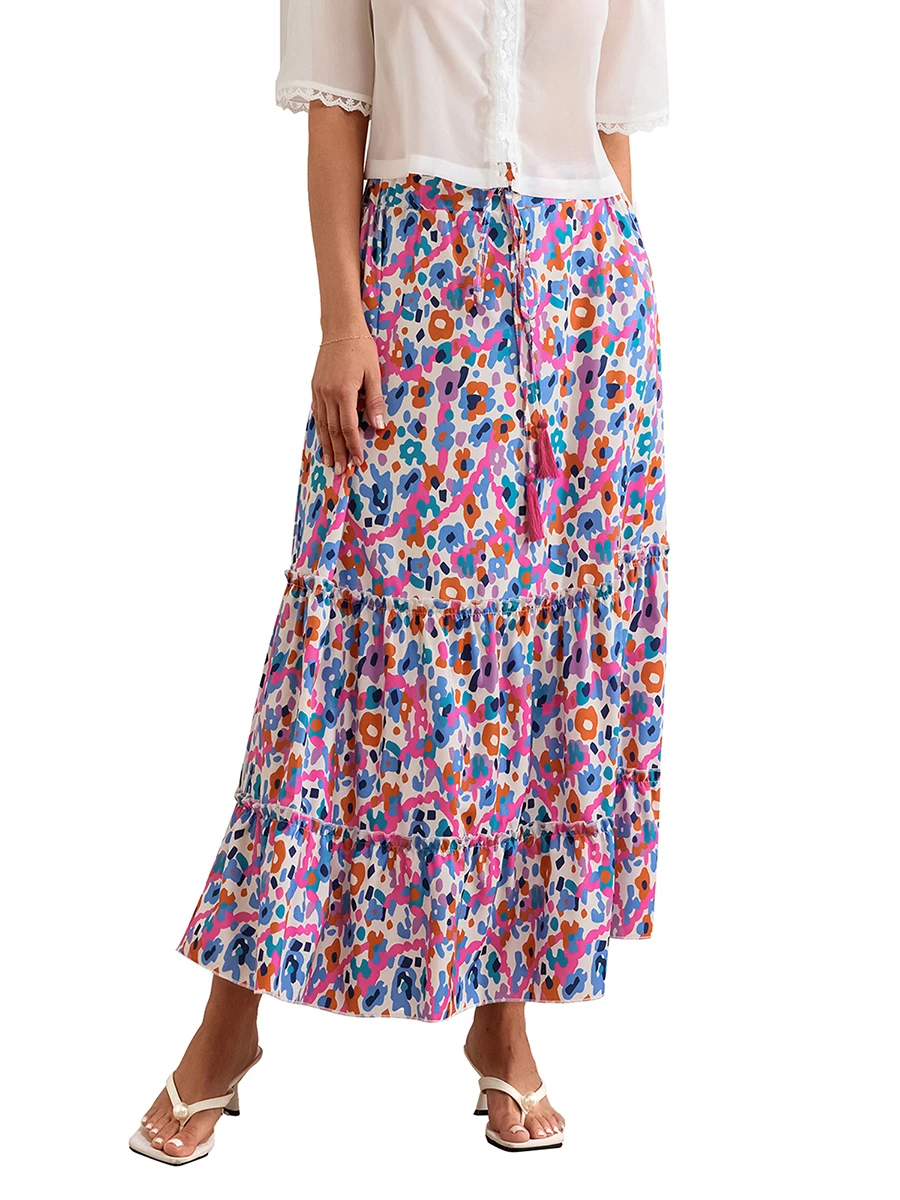 

Women s Flowy Floral Skirt Ruffled Hem Elastic Waist Skirt Summer Casual A Line Maxi Beach Skirt