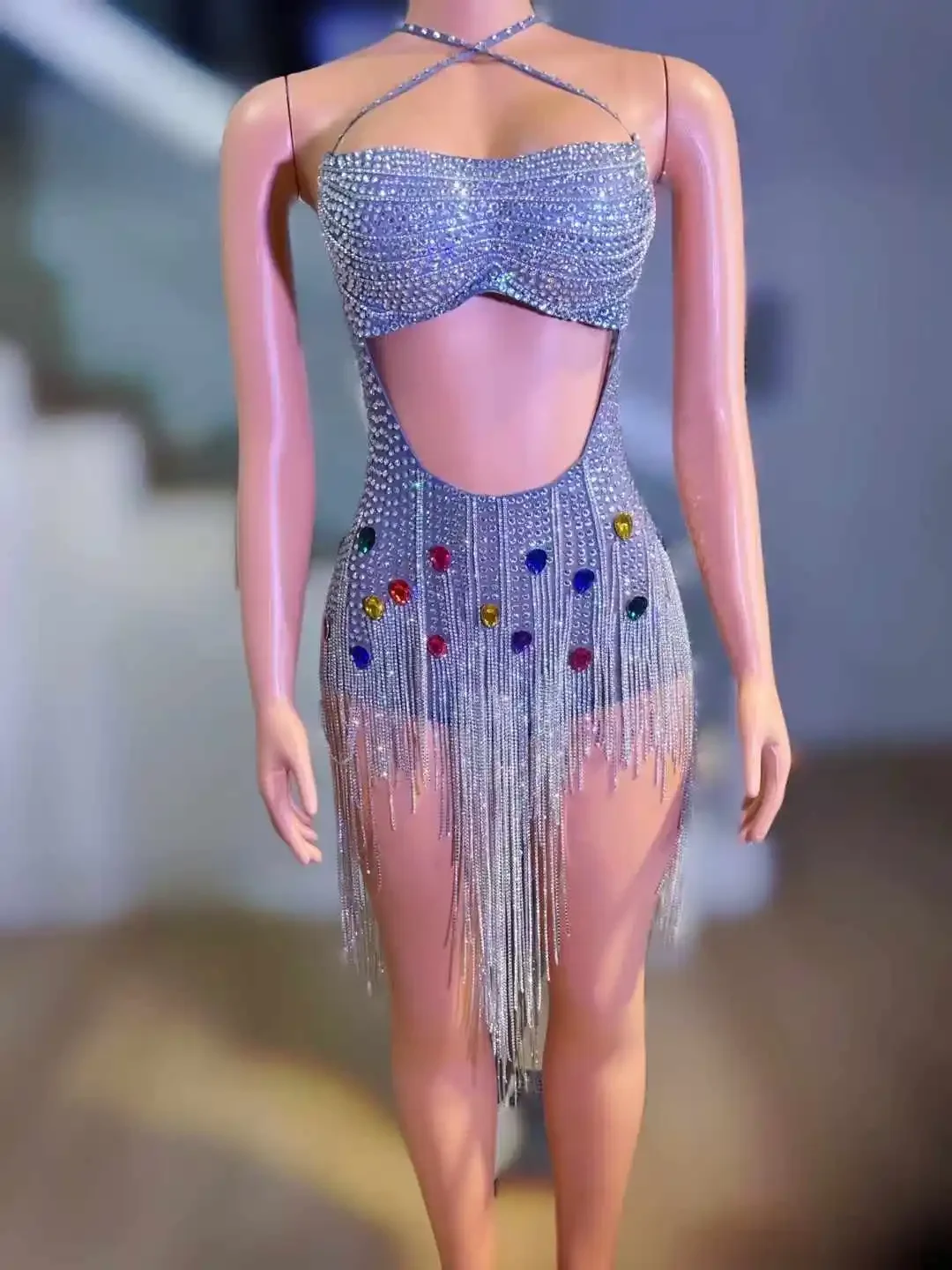 Glitter Sexy Backless Full Rhinestone Drill Chain Romper For Women Luxury Crystals Sleeveless Dressy Drag Queen Birthday Costume