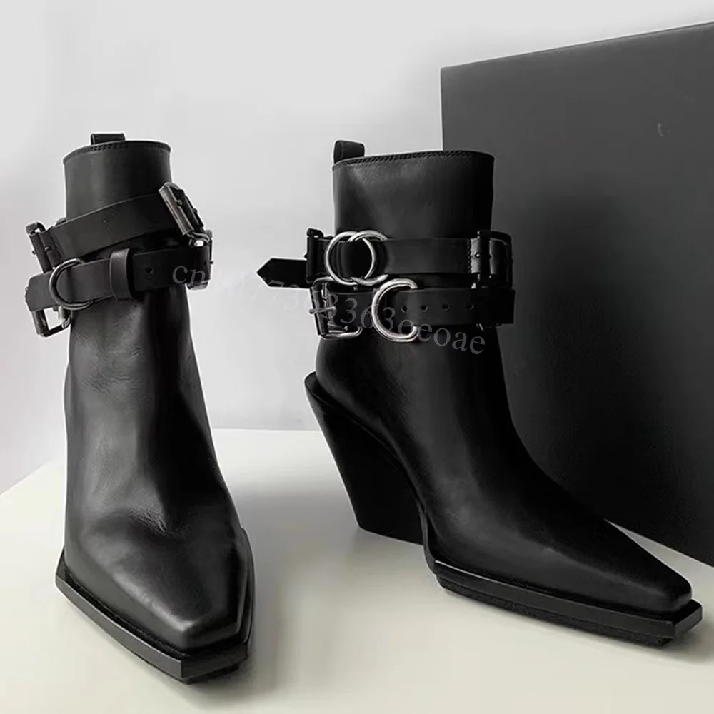 Wedges Heel Buckle Belt Decor Ankle Boots Pointed Toe Shoes for Women Matte Leather Sexy Lady Shoes 2024 Zapatos Para Mujere