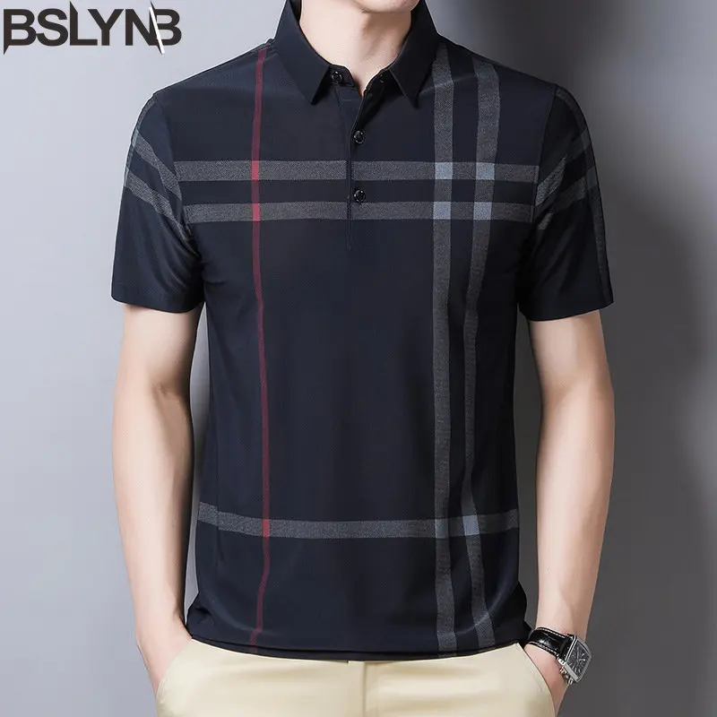 Summer Short Sleeve Polo T-shirt Male Casual Clothing Ice Silk Polo Shirt Formal Plaid Tops