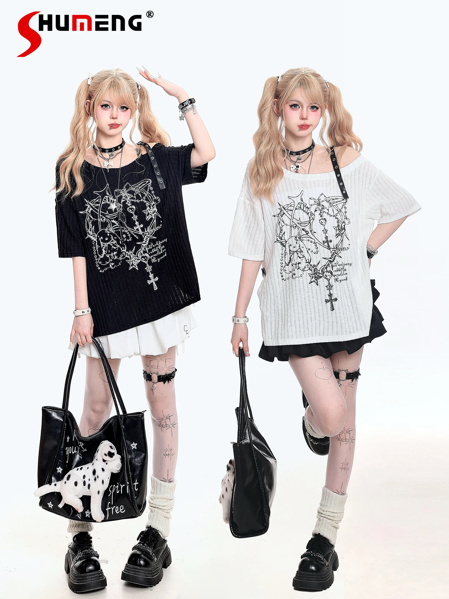 

Japanese Subculture Sweet Cool Y2K Tops Crew Neck Off-shoulder Short-sleeved Cartoon Print Loose Casual T-shirt Top Women Summer