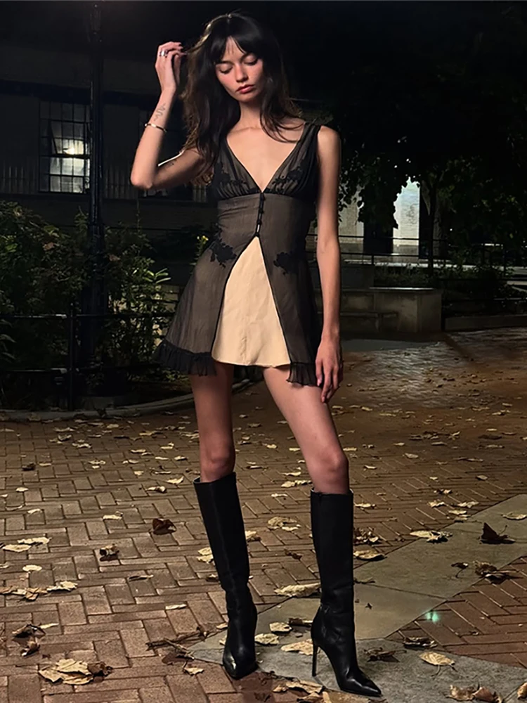 

Платье Sisterlinda с сетчатыми вставками и вышивкой, женское, сексуальное, трендовое, с оборками по низу, без рукавов, двухслойное, простое, для уличных вечеринок и клубов, облегающее