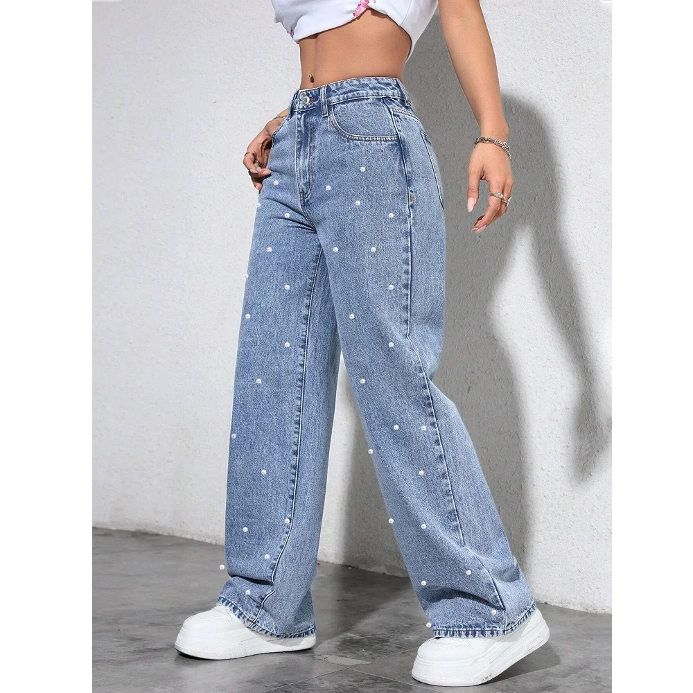 Women High Waist Denim Jeans Ladies Fashion Beading Straight Pants - Image 2