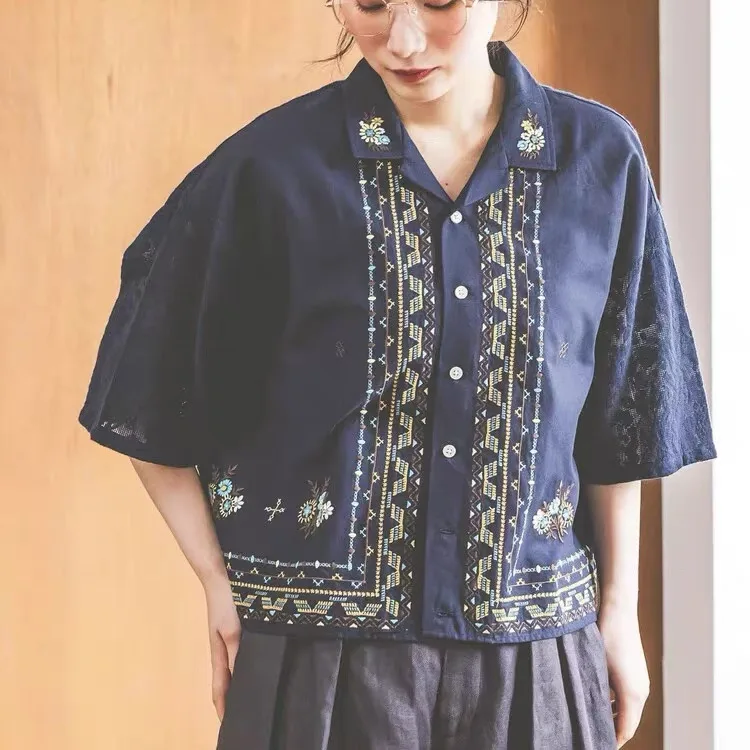 

Casual Ethnic Style Short Sleeve Embroidered Lace Shirt Women's Top Japanese New Style Silk Material Straight Cut Commute