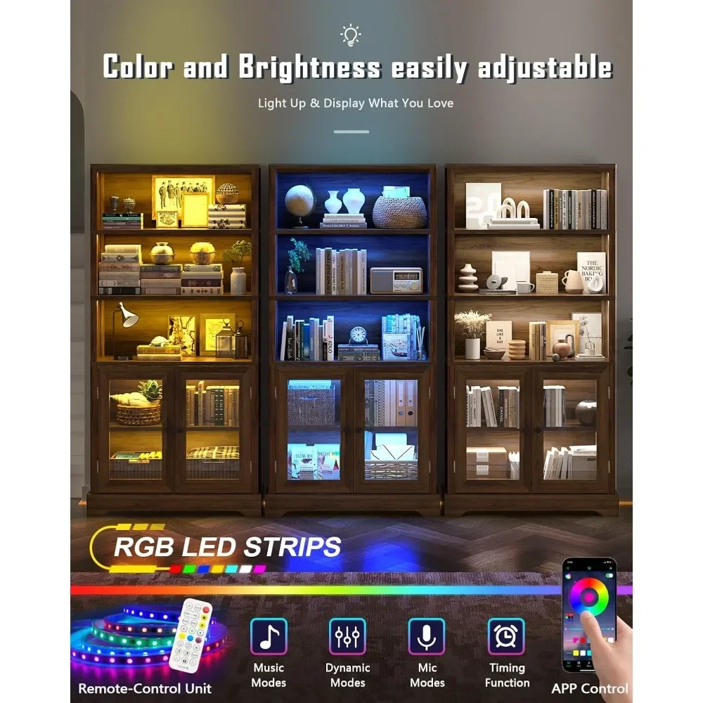 65" 5-Tier Bookshelf with Multi-Color Ambient Lights & APP Control, Tall Display Shelf with Doors, Rustic Brown for Living Room, Bedroom, Study view 4