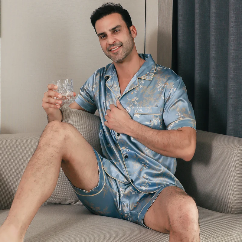 Pijama de manga corta para hombre ropa de seda de hielo para el hogar cárdigan Delgado informal de verano se puede usar como un conjunto ropa para el hogar