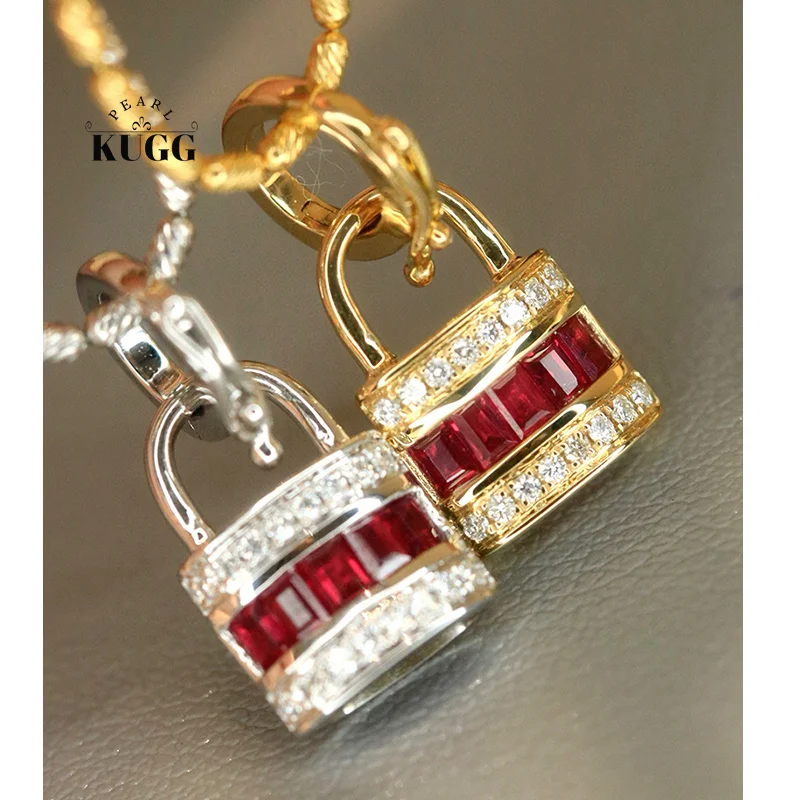 

KUGG 100% 18K White/Yellow Gold Pendant Fashion Lock Shape Shiny Diamond Natural Ruby Necklace Pendant for Women Fine Jewelry