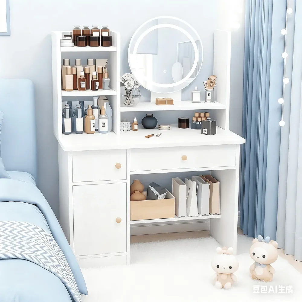 Small Dressing Table In A Student Apartment Features A ThreeCompartment Open Storage Shelf On The Left And A Large Desktop, Mak