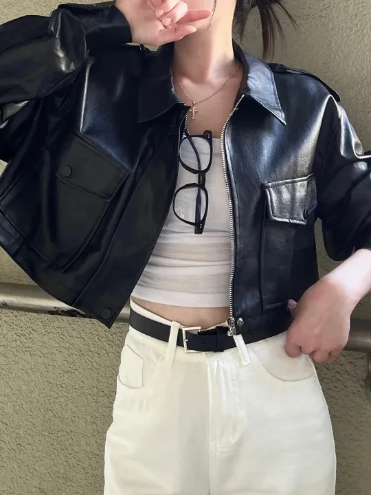 

Ретро Гонконг Sle ort Кожаный джет Женский крутой байкерский топ из искусственной кожи с пряной молнией Faionable Personali