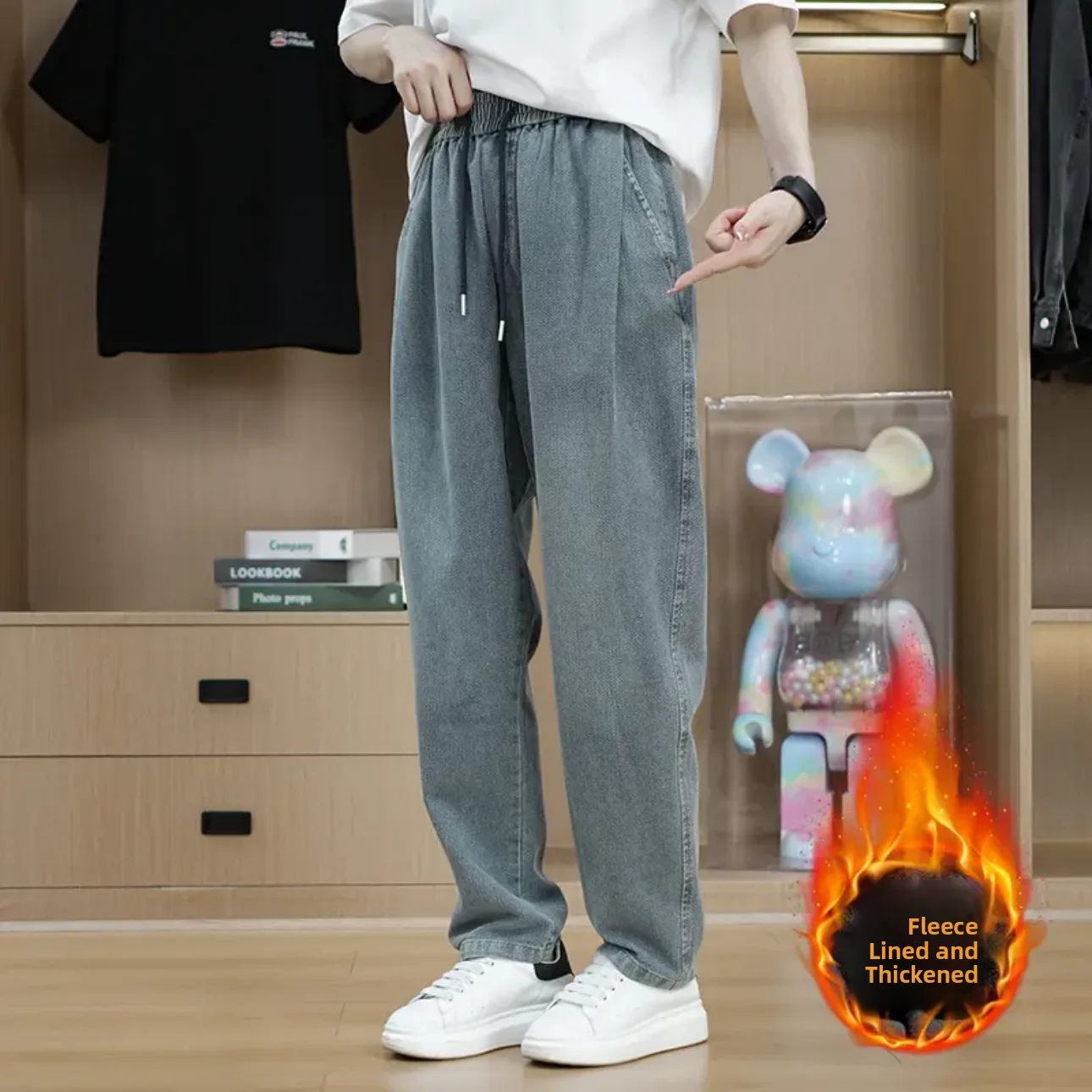 

Men's Fce Lined Straight Leg Jeans Thi Warm Casual Trousers Spring Autumn New Sle Loose Fit Versatile Trendy Brand Denim