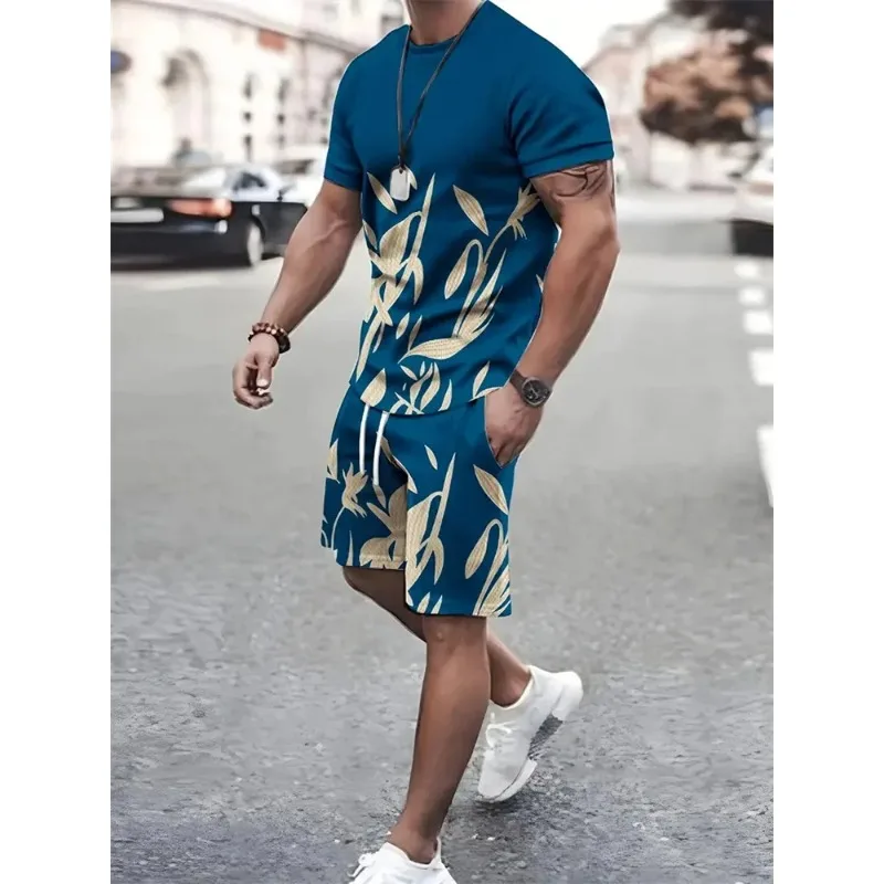 2025 High Quality Street Men's 3D Short Sleeve Loose Top Gradient Coconut Print Style Summer Fashion T-shirt Shorts Set