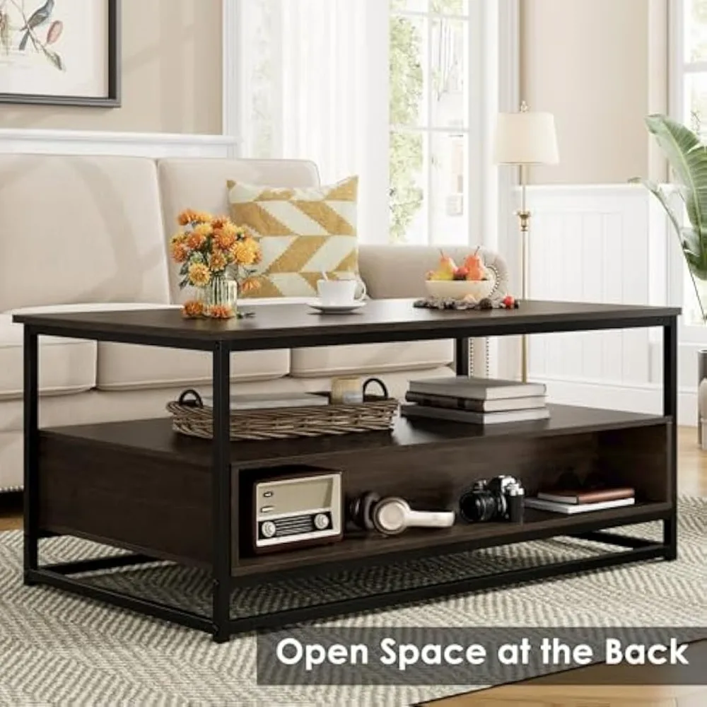 Coffee table with storage, rustic wood and metal center table with 2 drawers and shelf for living room, office