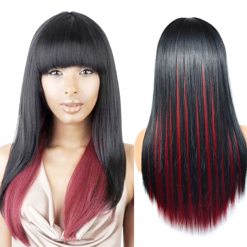 Zolin Long Straight Hair Wig With Bangs Drag Queen Hair Wig For Woman Daily Use Black Red Highlighted Piano Color