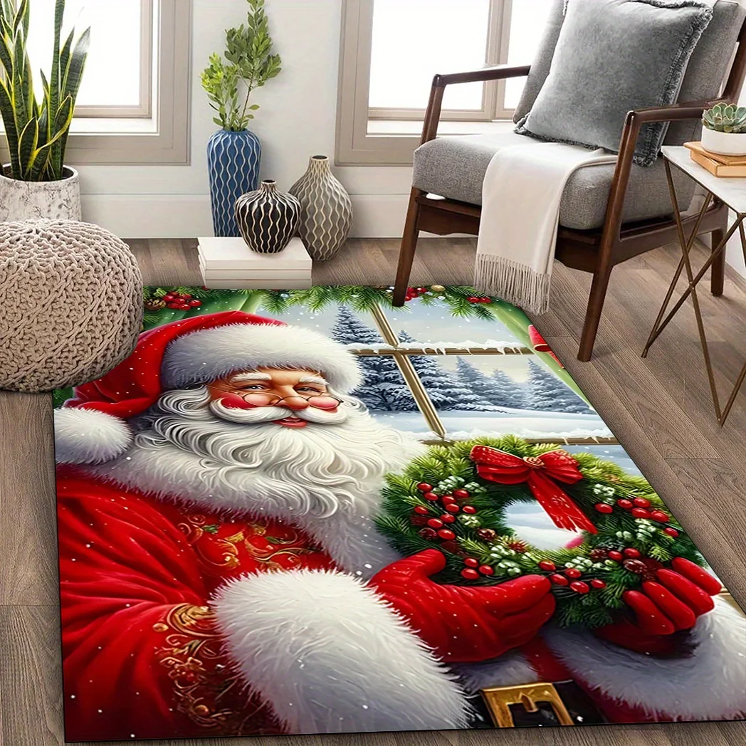 1pc Santa And Christmas Wreath Pattern Area Rug, Washable, Ideal Christmas Home Decor, Perfect for Living Room Dining Room