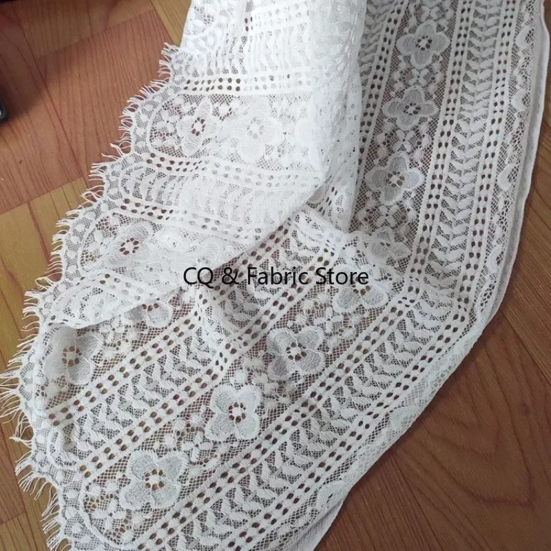 3meters Long White Lace Fabric with Hollow Out Eyelash Trim and Clover Floral Pattern for Dress Skirt Wedding Party Gown