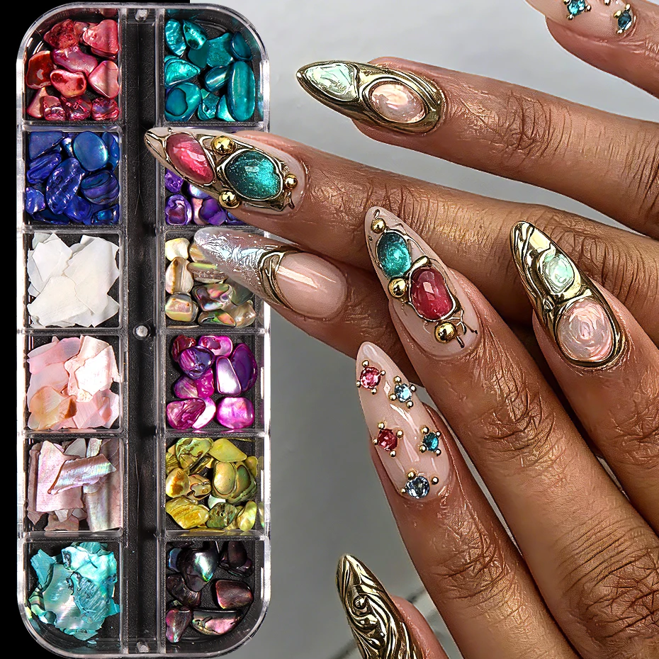 12er-Set Muschel-Nageldekorationen: Aurora-Muschelflocken, unregelmäßige 3D-Meerjungfrauen-Schillerstücke für Nagelkunst und Maniküre – Detail 3
