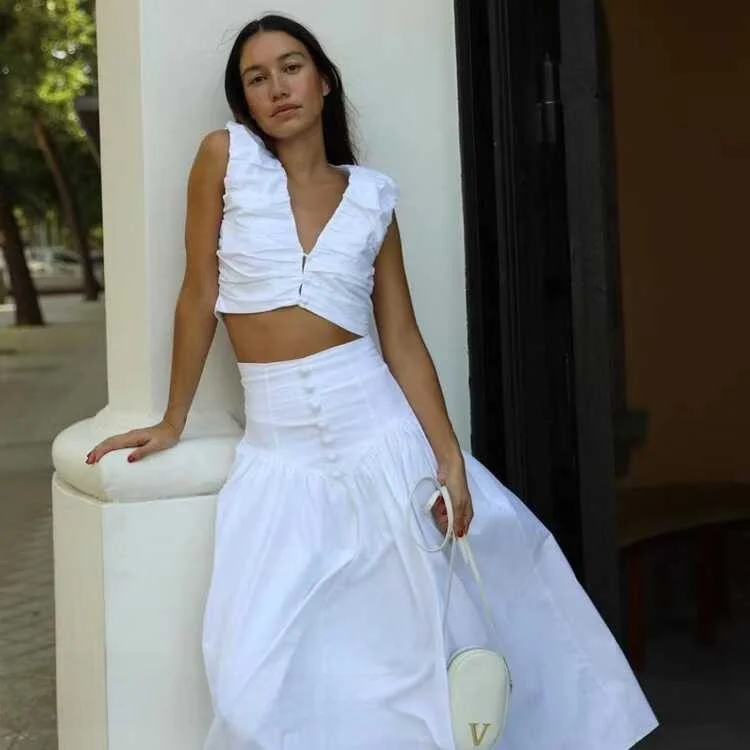 

Новый морщинистый жилет, топ f, комплект с юбкой, женский модный хлопковый костюм из двух предметов, комплект летней одежды с V-образным вырезом