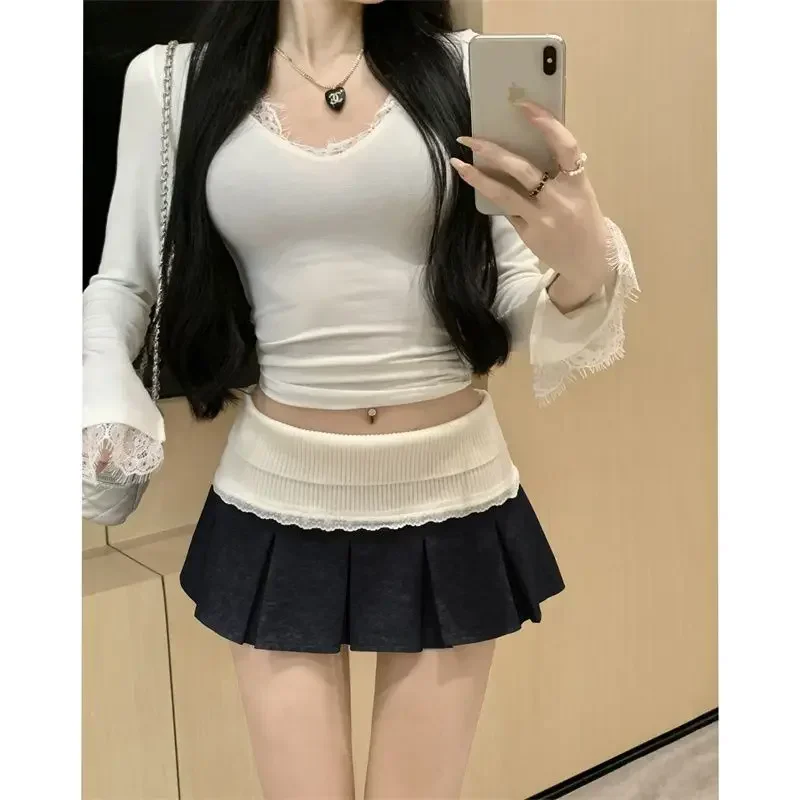 Hot Girl Lace Splicing Pleated Skirt Autumn/Winter New Chic Anti Glare High Waist Slimming A-line Grey Mini Skirts for Women