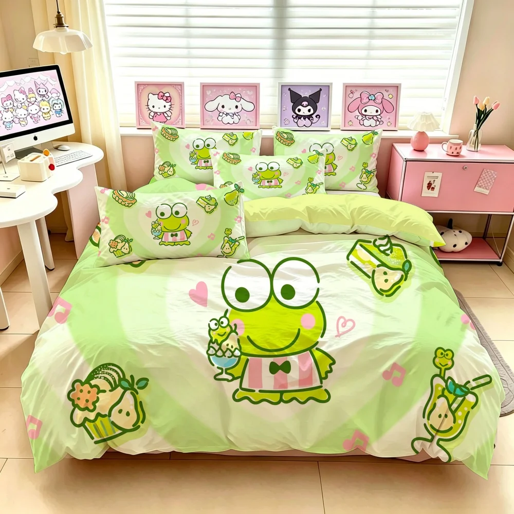 New Keroppi Cartoon Duvet Cover Set with Single Double Queen King Size Bedding, Soft Bedroom Decor for Adults Kids Children