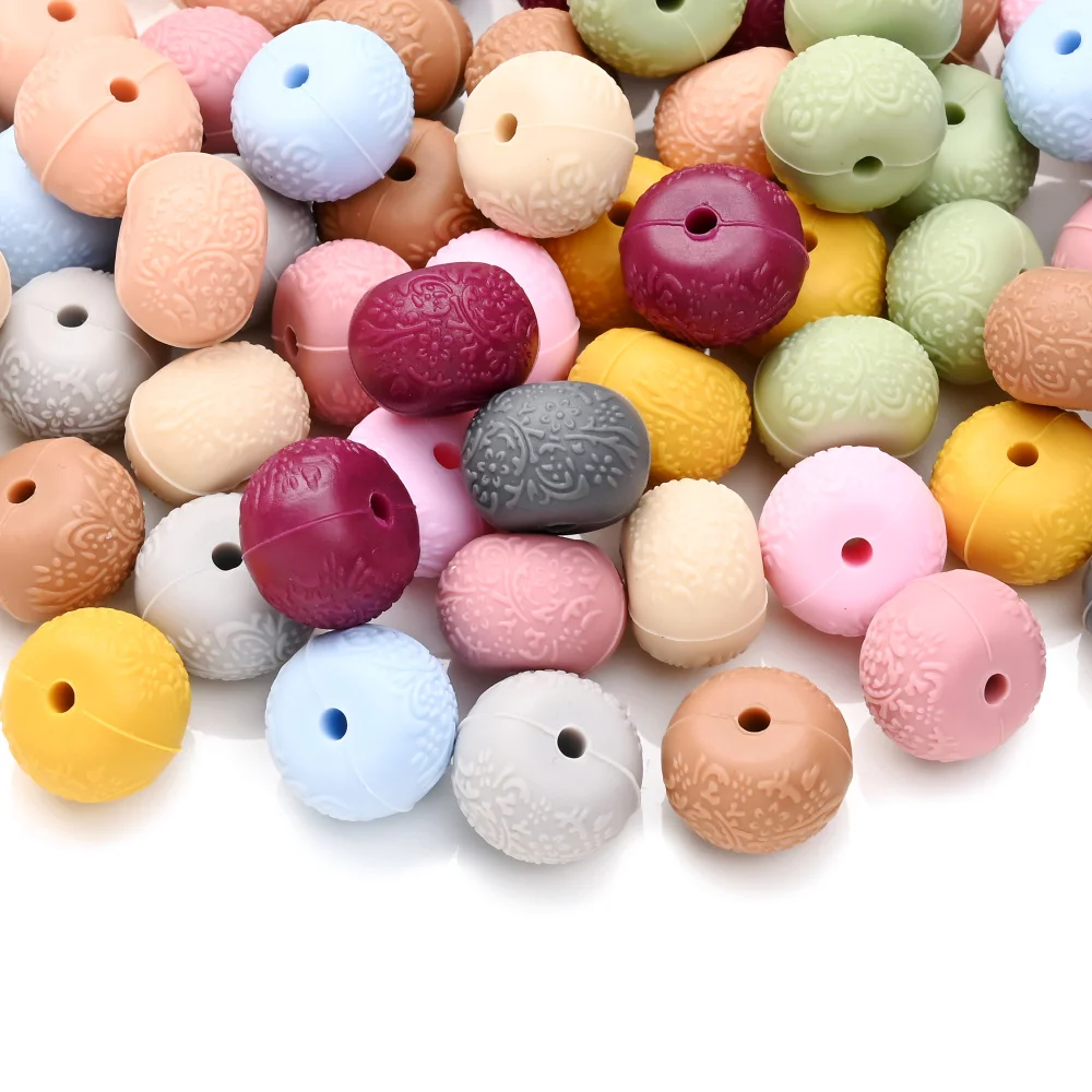 5Pcs Embossed Flat Round Silicone Beads Creative Wheel Beads for Diy Crafts Jewelry Making Bracelet Phone Chain Accessories