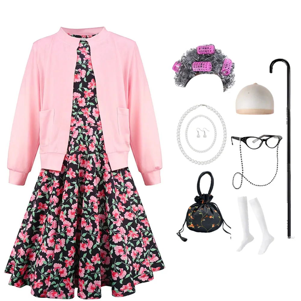 100 Days of School Old Lady Costume for Kids 100th Grandma Granny Dressup and ACC Girls Floral Print and Long Sleeve Shrugs Sets