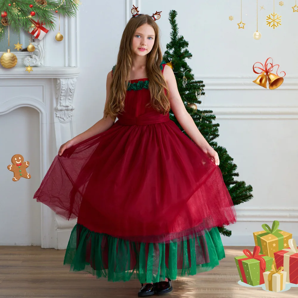 2024 Christmas Long Dress for Girl Xmas Party Vestidos Children New Year Red Green Clothing Princess Party Birthday Kids Clothes