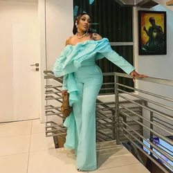 New Arrival Mint Green Stretchy Women Jumpsuit Off The Shoulder Ruched Organza Full Sleeves Evening Gowns Beautiful Maxi Dresses