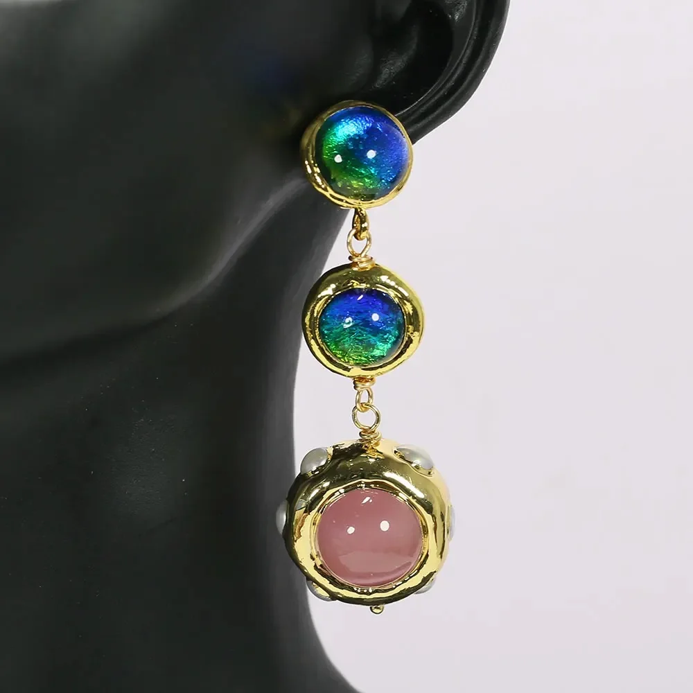 

Jewelry Blue Murano Glass White Pearl Cat eye Gold Plated Dangle Stud Earrings Handmade Women Fashion Gifts