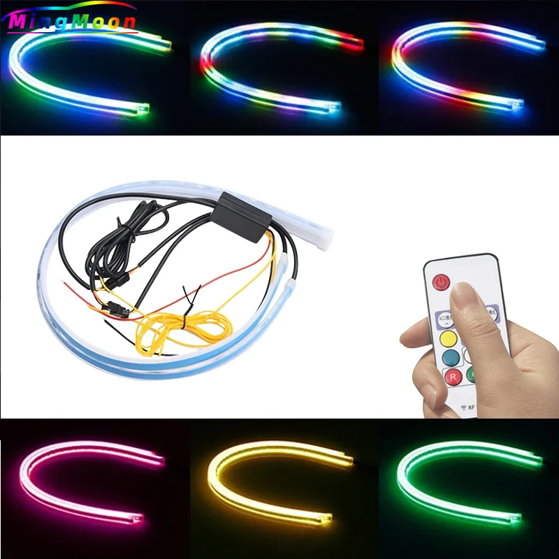 Car Sequential Flowing RGB Daytime Running Light DRL Remote/APP Multi Color LED Strip Turn Signal Lights For Headlight