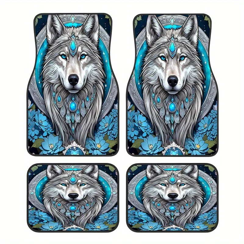 

4pcs Wolf Theme Universal SUV Car Floor Mats, Crown Elements For Front And Rear Seats Of All Vehicles, Stylish And Durable Car A
