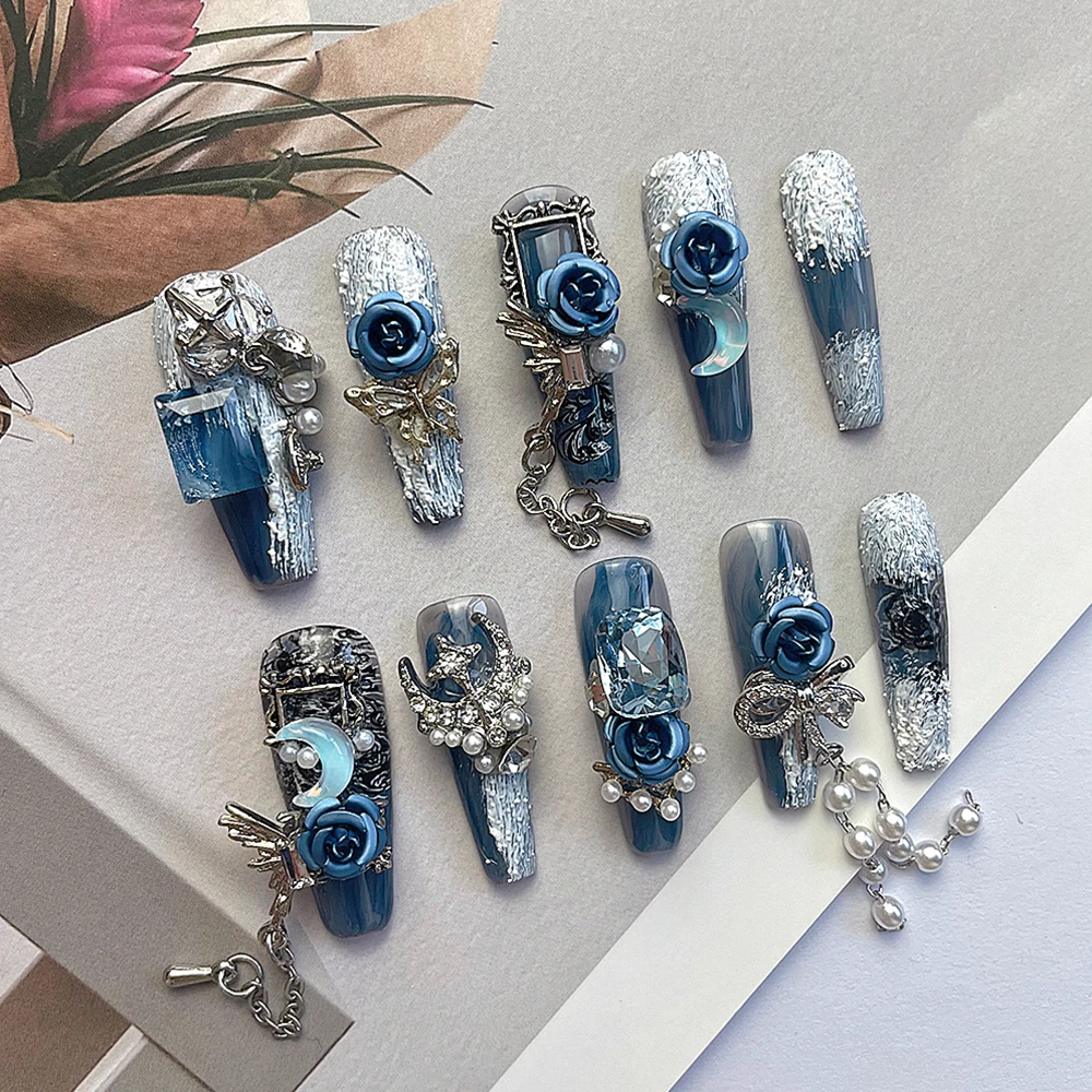 Blue White Handmade Long Coffin Press On Nails 3D Rose Metal Butterfly Rhinestone Pearl Chain Detachable Nail Ring Bracelet Suit