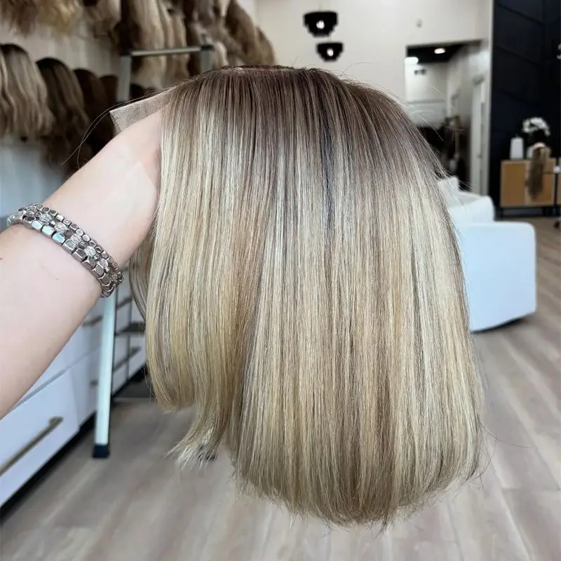 

Ombre Кремовый Блондин HD Парик Пепельно-Блондин Корни Короткий Прямой Боб Мягкий Натуральный Синтетический Парик Фронта Шнурка Оптовая Цена Завода