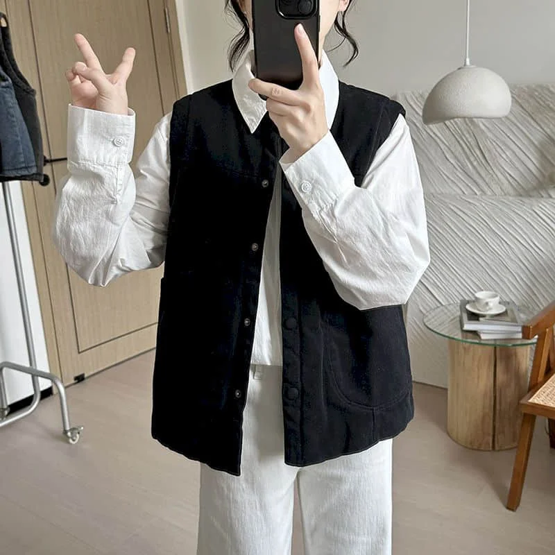 

Thicken Waistcoats Women Solid Adding Cotton Vests Retro Casual Sleeveless Cardigans Oversized Jackets Korean Style Women Tops