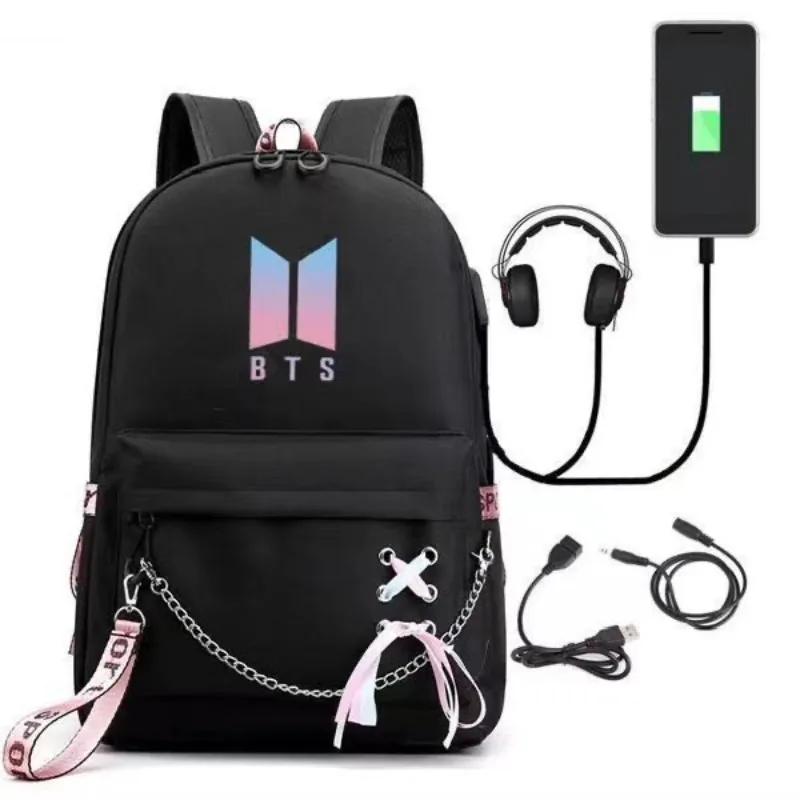 New BTS Backpack Youth League Same Style Male and Female Backpack USB Charging Week Student Side Bag