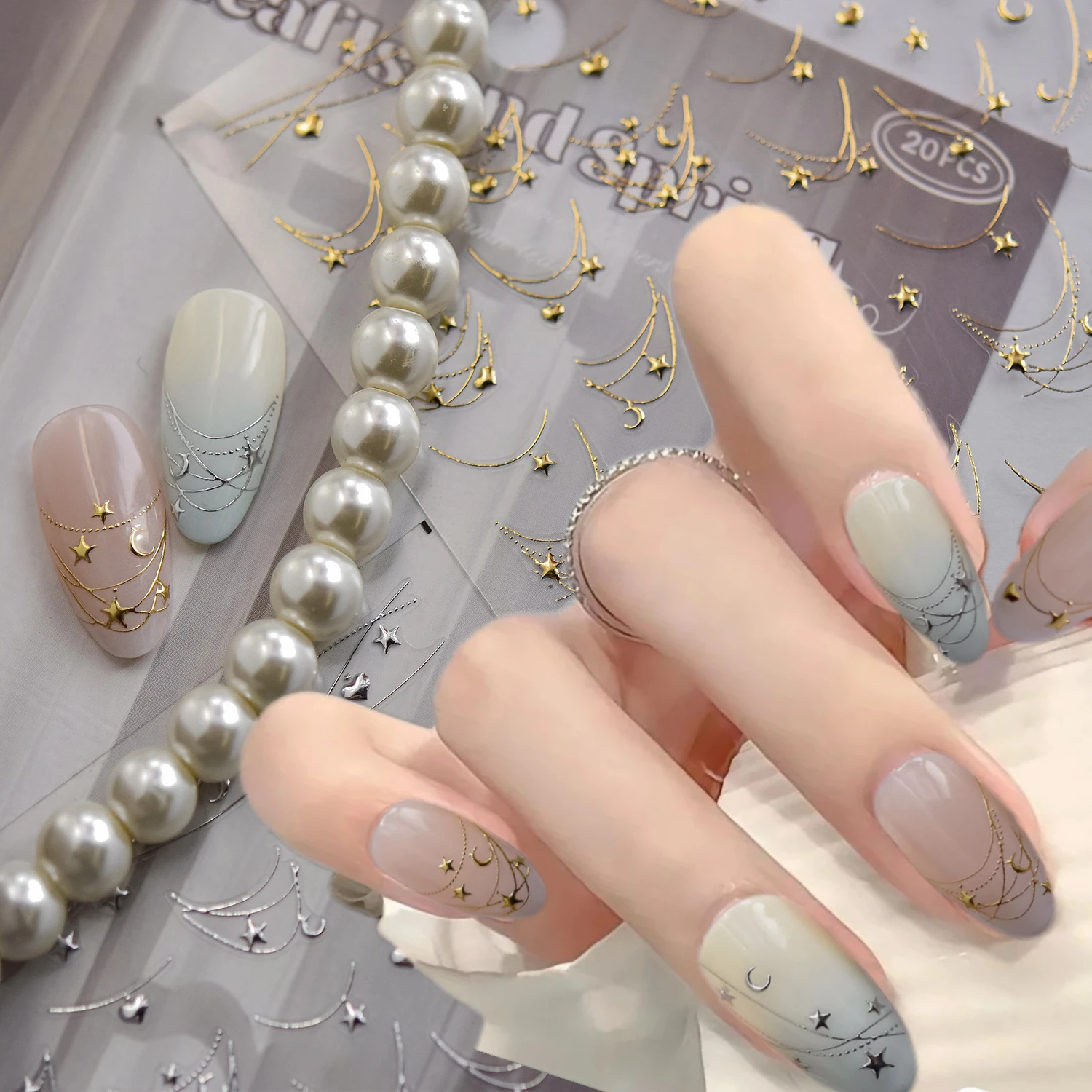 1Pc 5D Bronzing Star Moon Love Heart Necklace Nail Stickers Luxury Arc Line Chain Nail Decals DIY Adhesive Pentagram Nail Slider
